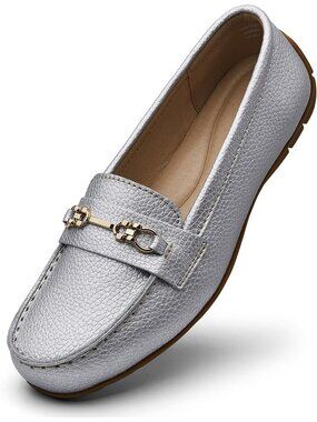 Women's Silver 100% Leather Round Toe Slip On Business Casual Dress Shoe